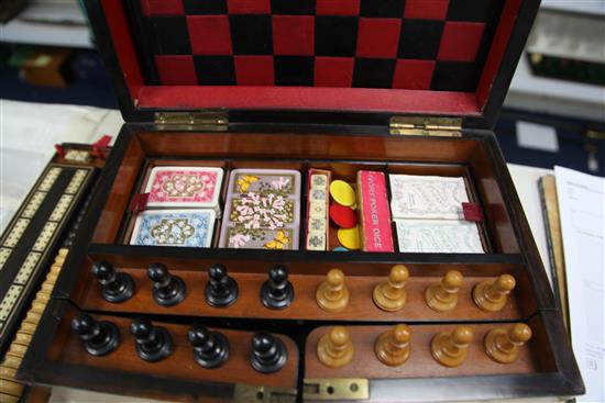A Victorian burr walnut cased games compendium, 13in.